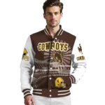 customized wyoming cowboys ferris arena brown white varsity jacket best selling.webp