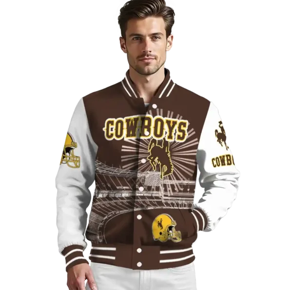 customized wyoming cowboys ferris arena brown white varsity jacket high quality.webp