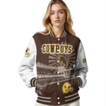 customized wyoming cowboys ferris arena brown white varsity jacket best selling.webp