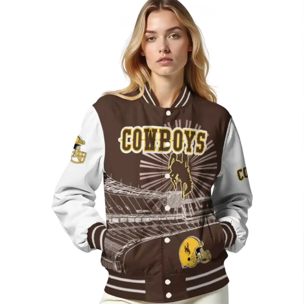 customized wyoming cowboys ferris arena brown white varsity jacket latest model.webp