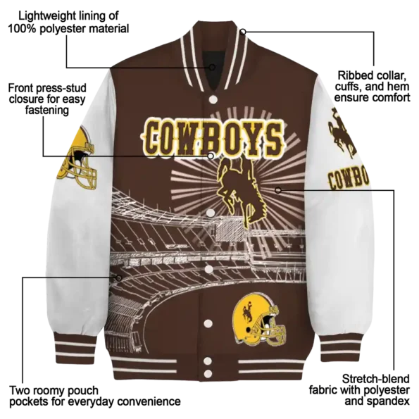 customized wyoming cowboys ferris arena brown white varsity jacket new arrival.webp