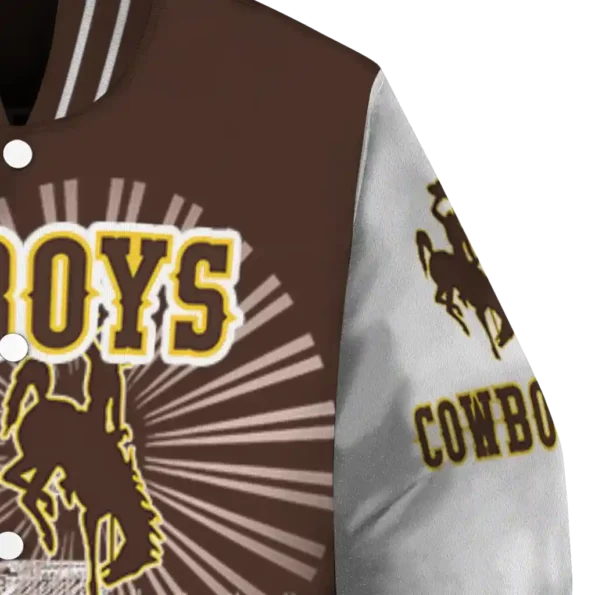 customized wyoming cowboys ferris arena brown white varsity jacket premium grade.webp