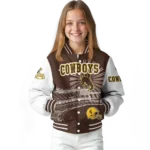 customized wyoming cowboys ferris arena brown white varsity jacket best selling.webp