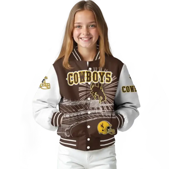 customized wyoming cowboys ferris arena brown white varsity jacket top rated.webp