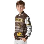 customized wyoming cowboys ferris arena brown white varsity jacket best selling.webp