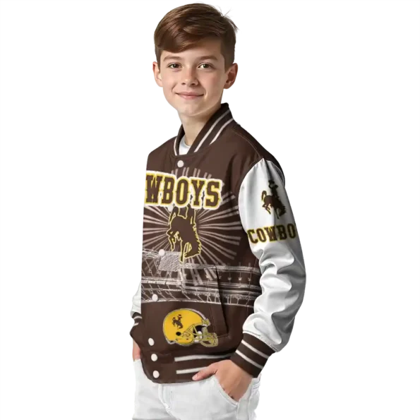customized wyoming cowboys ferris arena brown white varsity jacket trendy.webp