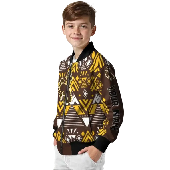 customized wyoming cowboys pyramid shapes brown bomber jacket trendy