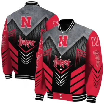 nebraska cornhuskers arrow layer red black varsity jacket fashion forward.webp