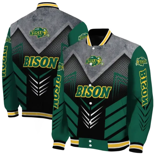 north dakota state bison arrow layer green black varsity jacket fashion forward.webp