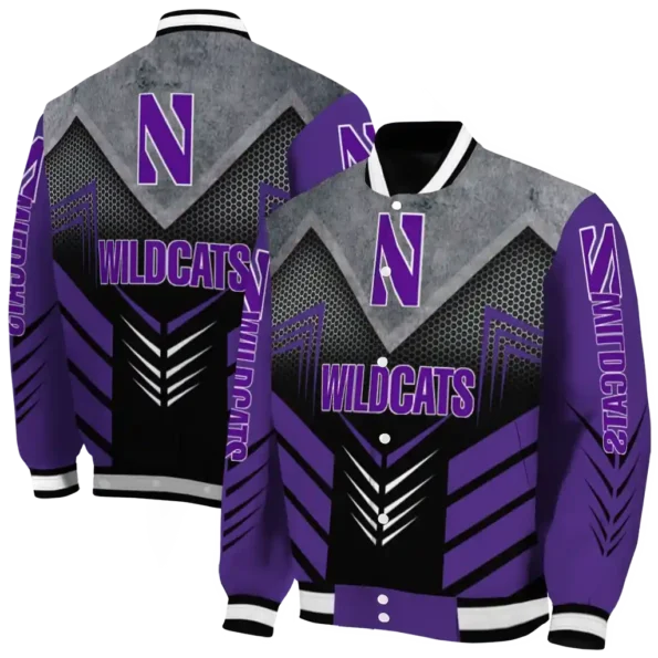 northwestern wildcats arrow layer purple black varsity jacket fashion forward.webp