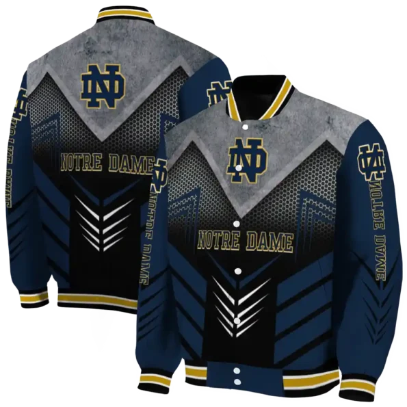 notre dame fighting irish arrow layer navy black varsity jacket fashion forward.webp