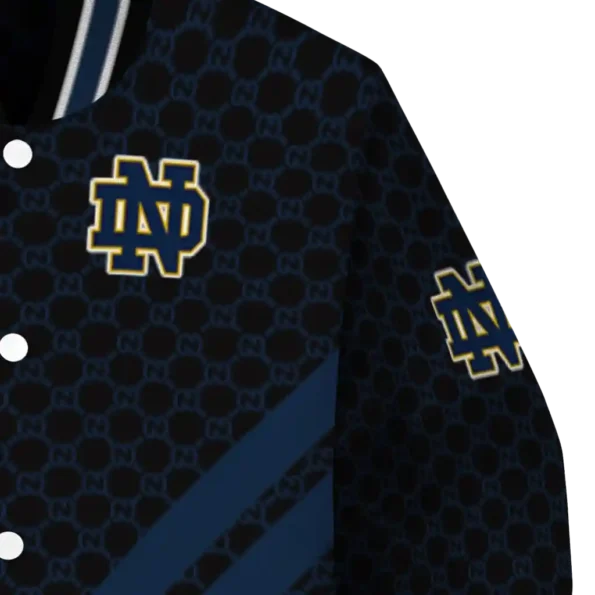 notre dame fighting irish triple side stripes navy black varsity jacket premium grade.webp