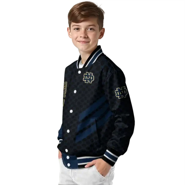 notre dame fighting irish triple side stripes navy black varsity jacket trendy.webp