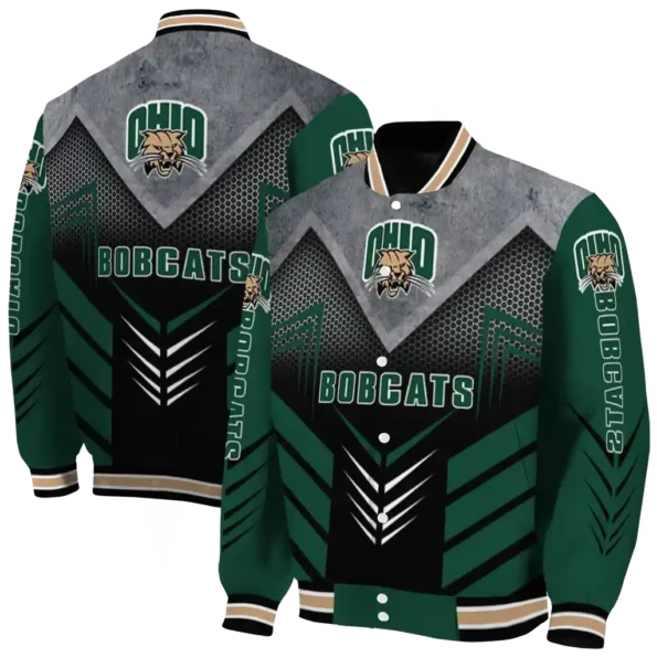 ohio bobcats arrow layer green black varsity jacket fashion forward.webp