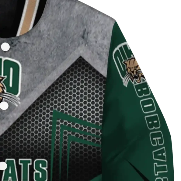 ohio bobcats arrow layer green black varsity jacket premium grade.webp