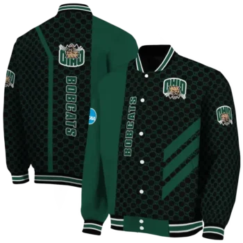 ohio bobcats triple side stripes green black varsity jacket fashion forward.webp