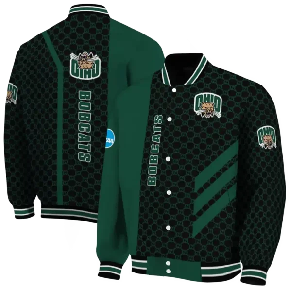 ohio bobcats triple side stripes green black varsity jacket fashion forward.webp
