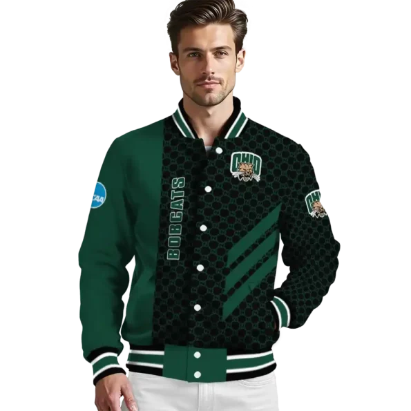ohio bobcats triple side stripes green black varsity jacket high quality.webp