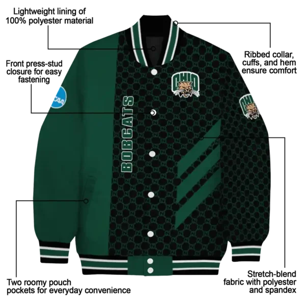 ohio bobcats triple side stripes green black varsity jacket new arrival.webp