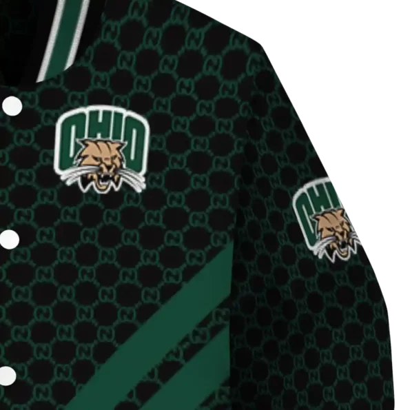 ohio bobcats triple side stripes green black varsity jacket premium grade.webp