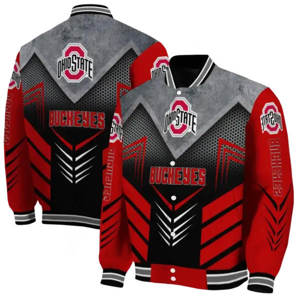 ohio state buckeyes arrow layer scarlet black varsity jacket fashion forward.webp