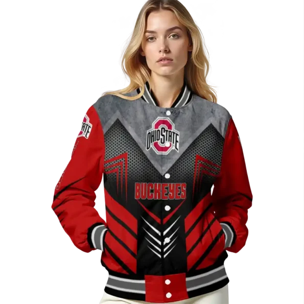 ohio state buckeyes arrow layer scarlet black varsity jacket latest model.webp