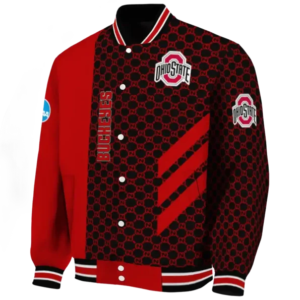 ohio state buckeyes triple side stripes scarlet black varsity jacket best selling.webp