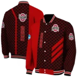 ohio state buckeyes triple side stripes scarlet black varsity jacket best selling.webp