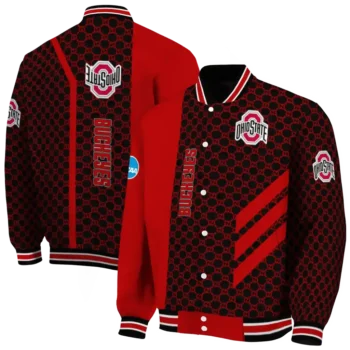 ohio state buckeyes triple side stripes scarlet black varsity jacket fashion forward.webp