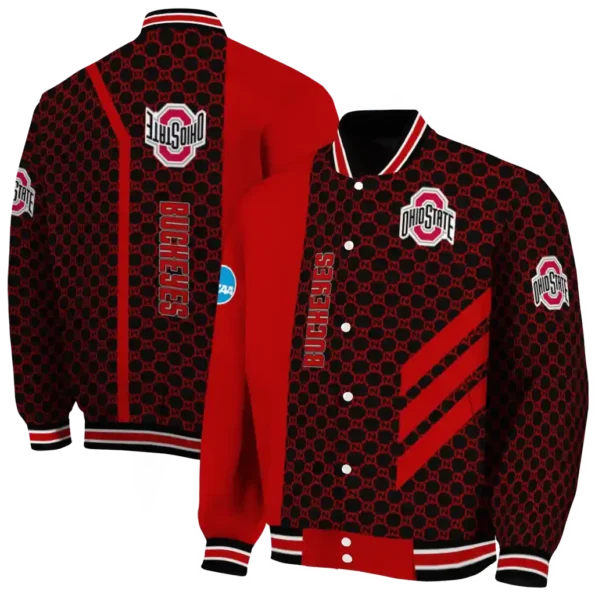 ohio state buckeyes triple side stripes scarlet black varsity jacket fashion forward.webp