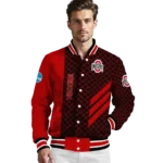 ohio state buckeyes triple side stripes scarlet black varsity jacket best selling.webp