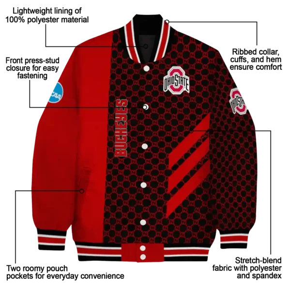 ohio state buckeyes triple side stripes scarlet black varsity jacket new arrival.webp