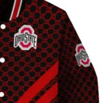 ohio state buckeyes triple side stripes scarlet black varsity jacket best selling.webp
