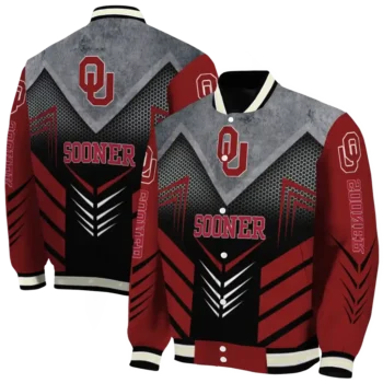oklahoma sooners arrow layer crimson black varsity jacket fashion forward.webp