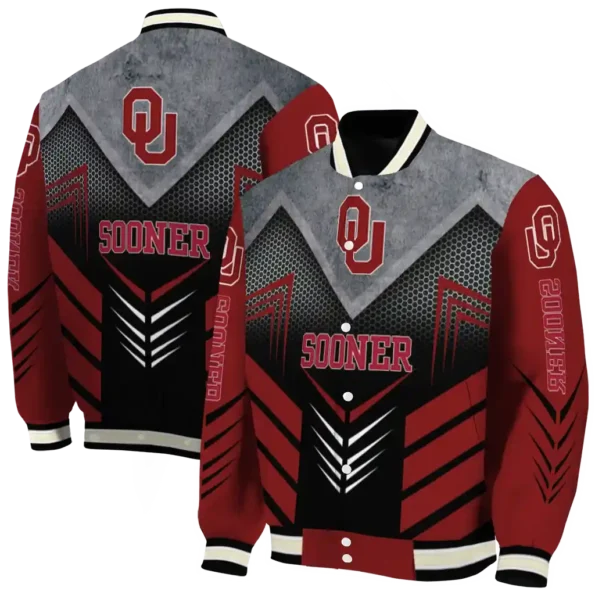 oklahoma sooners arrow layer crimson black varsity jacket fashion forward.webp
