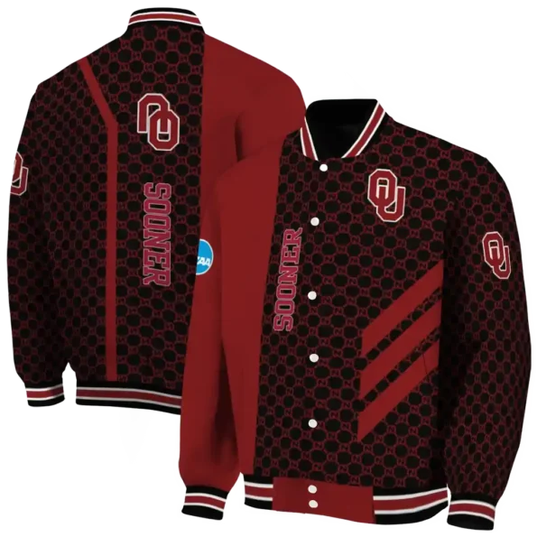 oklahoma sooners triple side stripes crimson black varsity jacket fashion forward.webp