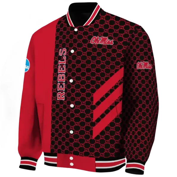 ole miss rebels triple side stripes red black varsity jacket best selling.webp