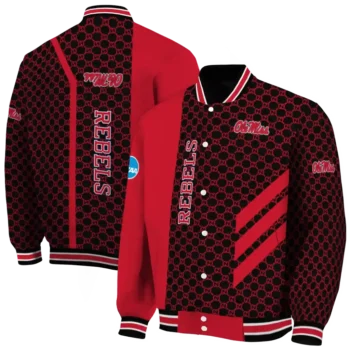 ole miss rebels triple side stripes red black varsity jacket fashion forward.webp