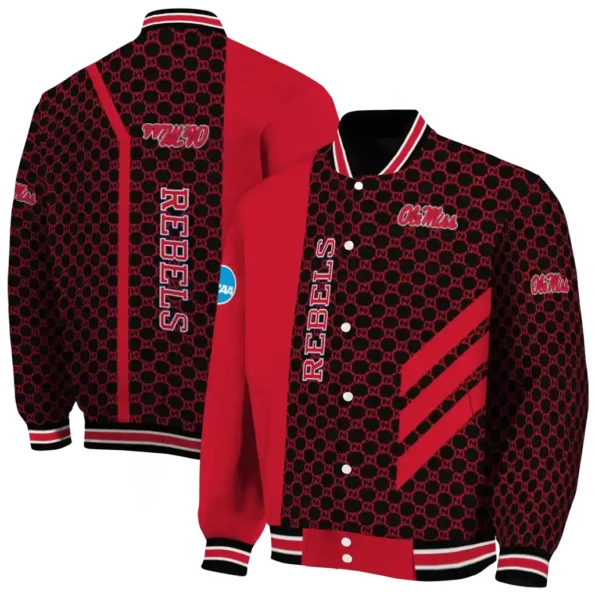 ole miss rebels triple side stripes red black varsity jacket fashion forward.webp