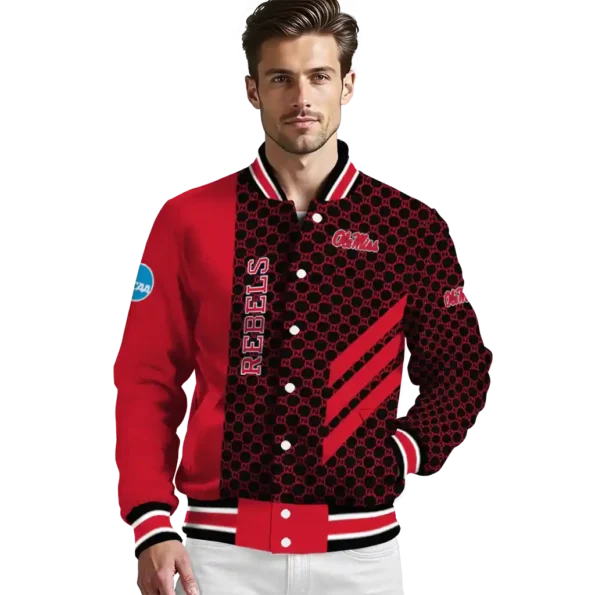 ole miss rebels triple side stripes red black varsity jacket high quality.webp