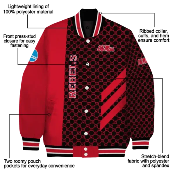 ole miss rebels triple side stripes red black varsity jacket new arrival.webp