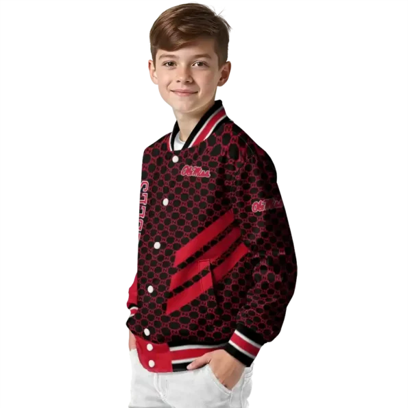 ole miss rebels triple side stripes red black varsity jacket trendy.webp