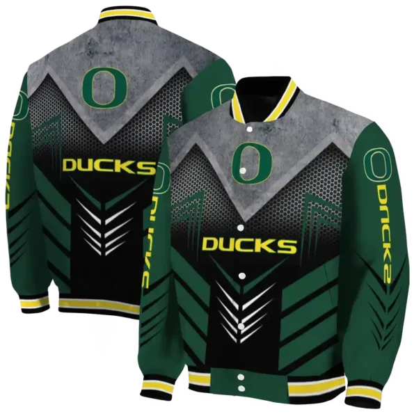 oregon ducks arrow layer green black varsity jacket fashion forward.webp
