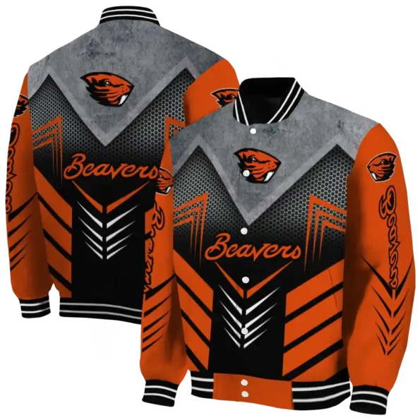oregon state beavers arrow layer orange black varsity jacket fashion forward.webp