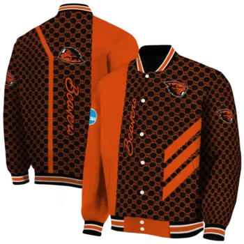 oregon state beavers triple side stripes orange black varsity jacket fashion forward.webp