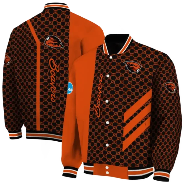 oregon state beavers triple side stripes orange black varsity jacket fashion forward.webp