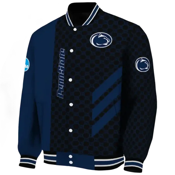 penn state nittany lions triple side stripes blue black varsity jacket best selling.webp