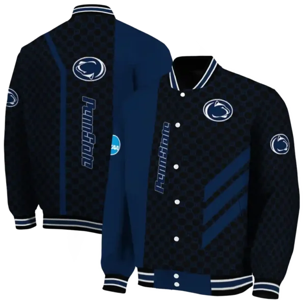penn state nittany lions triple side stripes blue black varsity jacket fashion forward.webp