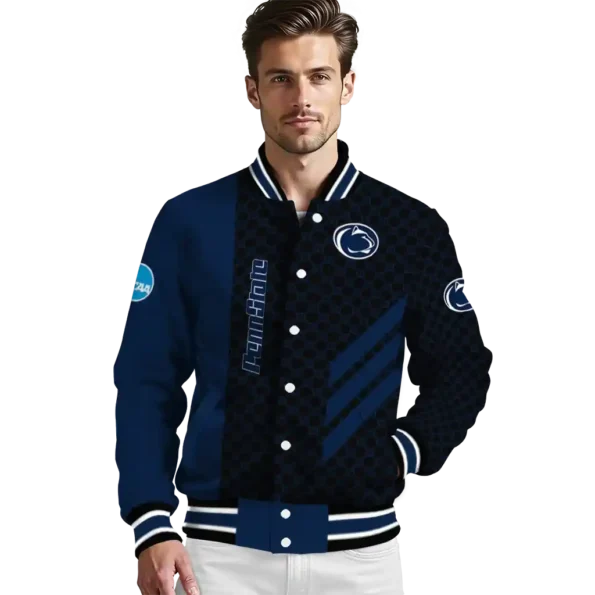 penn state nittany lions triple side stripes blue black varsity jacket high quality.webp