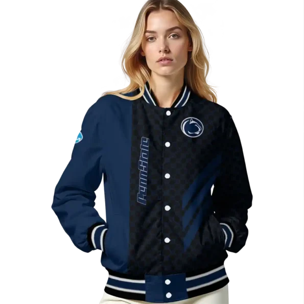 penn state nittany lions triple side stripes blue black varsity jacket latest model.webp
